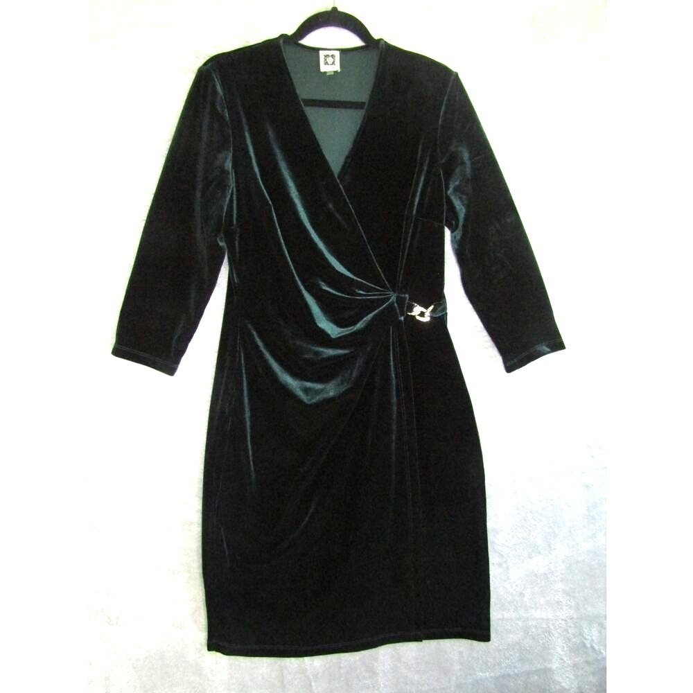Anne Klein Women's 10 Green Velvet Wrap Dress Rhinestone Chain Detail Holiday Pa